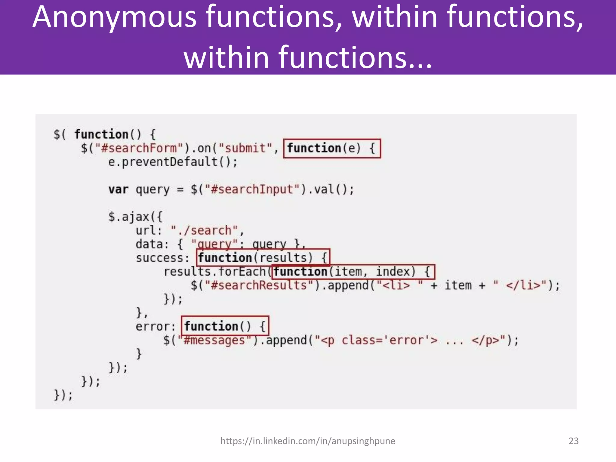 Anonymous functions, within functions,
within functions...
23https://in.linkedin.com/in/anupsinghpune
 