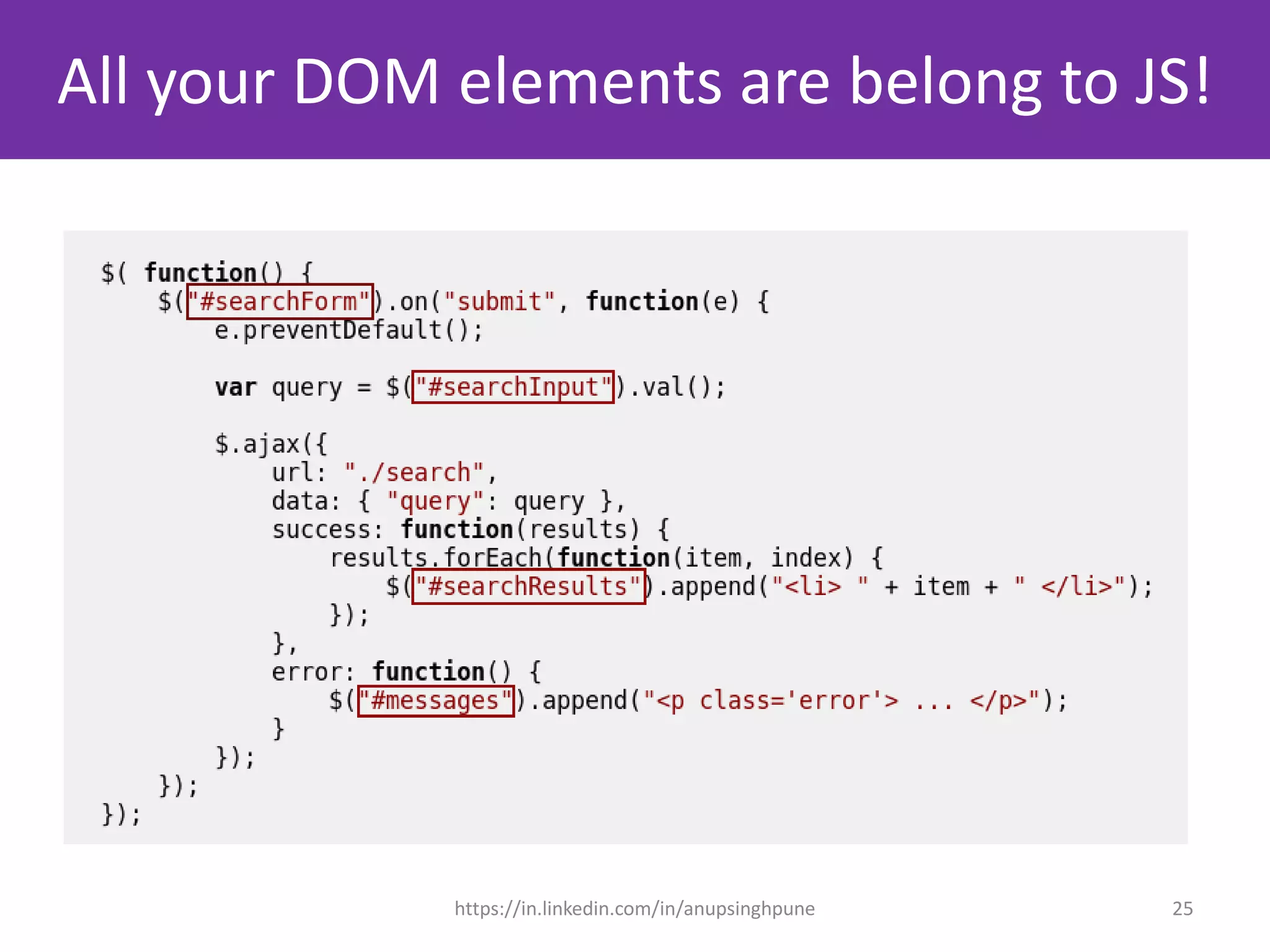 All your DOM elements are belong to JS!
25https://in.linkedin.com/in/anupsinghpune
 