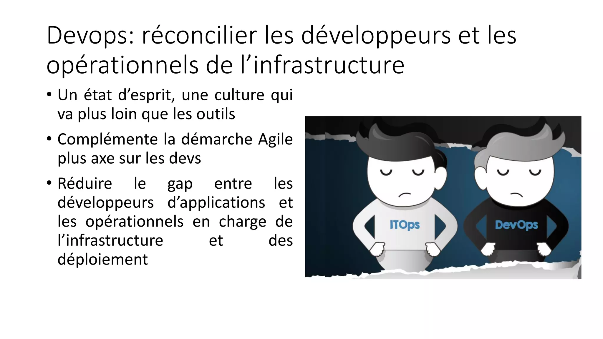Devops: réconcilier les développeurs et les
opérationnels de l’infrastructure
• Un état d’esprit, une culture qui
va plus loin que les outils
• Complémente la démarche Agile
plus axe sur les devs
• Réduire le gap entre les
développeurs d’applications et
les opérationnels en charge de
l’infrastructure et des
déploiement
