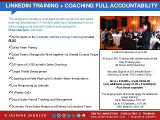 LINKEDIN TRAINING + COACHING FULL ACCOUNTABILITY
DIGITAL MARKETING CONSULTING & TRAINING
w w w .jasminesandler.co m | @Jasmine_San dl e r© J A S M I N E S A N D L E R
This program includes a managed coaching service and sales
teaming development. It involves pairing of salespeople and a
fully managed service with sales tracking down to
Proposal/Sale. Includes::
All Elements of the LinkedIn Half Day Group Training included
PLUS
Sales Team Pairing
Sales Teams Managed to Work together via Shared Contact Target
Lists
20 Hours of LIVE LinkedIn Sales Coaching
Target Profile Development
Coaching and Role Playing for LinkedIn Warm Introductions
Live Prospecting on LinkedIn
4 Weekly Calls
Social Sales Funnel Tracking and Management
Summary Team Sales Report and Delivery to Executive Team
Limited to Groups of up to 20
4 Hours LIVE Training with all elements of Half
Day Training plus
20 Hours LIVE Coaching
Includes Copies of JS LinkedIn Book –
‘Branding & Sales: The LinkedIn Way”
Cost = $15,000 + travel/initial 20
(any additional group of 20 = $12,000/per)
Plus travel expenses
For large groups, discounts apply for additional
group training:
Up to 60 people= 10% off
Up to 100 people = 15% off
100+ people = 20% off
 