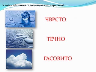 У којим облицима се вода појављује у природи?

ЧВРСТО

ТЕЧНО

ГАСОВИТО

 