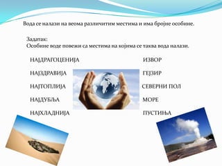 Вода се налази на веома различитим местима и има бројне особине.

Задатак:
Особине воде повежи са местима на којима се таква вода налази.
НАЈДРАГОЦЕНИЈА

ИЗВОР

НАЈЗДРАВИЈА

ГЕЈЗИР

НАЈТОПЛИЈА

СЕВЕРНИ ПОЛ

НАЈДУБЉА

МОРЕ

НАЈХЛАДНИЈА

ПУСТИЊА

 