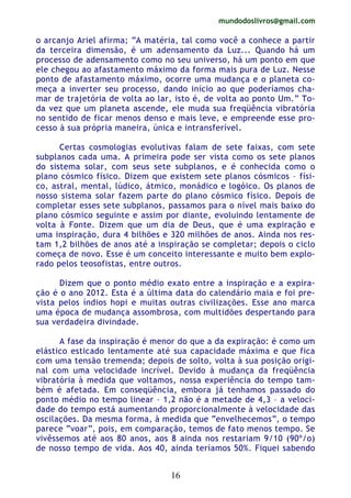 mundodoslivros@gmail.com
16
o arcanjo Ariel afirma; “A matéria, tal como você a conhece a partir
da terceira dimensão, é um adensamento da Luz... Quando há um
processo de adensamento como no seu universo, há um ponto em que
ele chegou ao afastamento máximo da forma mais pura de Luz. Nesse
ponto de afastamento máximo, ocorre uma mudança e o planeta co-
meça a inverter seu processo, dando início ao que poderíamos cha-
mar de trajetória de volta ao lar, isto é, de volta ao ponto Um.” To-
da vez que um planeta ascende, ele muda sua freqüência vibratória
no sentido de ficar menos denso e mais leve, e empreende esse pro-
cesso à sua própria maneira, única e intransferível.
Certas cosmologias evolutivas falam de sete faixas, com sete
subplanos cada uma. A primeira pode ser vista como os sete planos
do sistema solar, com seus sete subplanos, e é conhecida como o
plano cósmico físico. Dizem que existem sete planos cósmicos – físi-
co, astral, mental, lúdico, átmico, monádico e logóico. Os planos de
nosso sistema solar fazem parte do plano cósmico físico. Depois de
completar esses sete subplanos, passamos para o nível mais baixo do
plano cósmico seguinte e assim por diante, evoluindo lentamente de
volta à Fonte. Dizem que um dia de Deus, que é uma expiração e
uma inspiração, dura 4 bilhões e 320 milhões de anos. Ainda nos res-
tam 1,2 bilhões de anos até a inspiração se completar; depois o ciclo
começa de novo. Esse é um conceito interessante e muito bem explo-
rado pelos teosofistas, entre outros.
Dizem que o ponto médio exato entre a inspiração e a expira-
ção é o ano 2012. Esta é a última data do calendário maia e foi pre-
vista pelos índios hopi e muitas outras civilizações. Esse ano marca
uma época de mudança assombrosa, com multidões despertando para
sua verdadeira divindade.
A fase da inspiração é menor do que a da expiração: é como um
elástico esticado lentamente até sua capacidade máxima e que fica
com uma tensão tremenda; depois de solto, volta à sua posição origi-
nal com uma velocidade incrível. Devido à mudança da freqüência
vibratória à medida que voltamos, nossa experiência do tempo tam-
bém é afetada. Em conseqüência, embora já tenhamos passado do
ponto médio no tempo linear – 1,2 não é a metade de 4,3 – a veloci-
dade do tempo está aumentando proporcionalmente à velocidade das
oscilações. Da mesma forma, à medida que “envelhecemos”, o tempo
parece “voar”, pois, em comparação, temos de fato menos tempo. Se
vivêssemos até aos 80 anos, aos 8 ainda nos restariam 9/10 (90º/o)
de nosso tempo de vida. Aos 40, ainda teríamos 50%. Fiquei sabendo
 