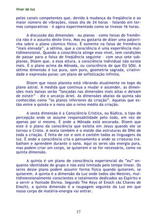 Viver de luz
17
pelos canais competentes que, devido à mudança da freqüência e ao
maior número de vibrações, nosso dia de 24 horas – falando em ter-
mos comparativos – é agora experimentado como se tivesse 16 horas.
A discussão das dimensões – ou planos – como faixas de fremên-
cia não é o assunto deste livro. Mas eu gostaria de dizer uma palavri-
nha sobre o plano cósmico físico. É somente na faixa de fremência
“mais elevada”, a sétima, que a consciência é uma experiência mul-
tidimensional. Quando a consciência atinge esse nível, tem condições
de passar para a faixa de freqüência seguinte – com seus sete sub-
planos. Dizem que, a essa altura, a consciência individual não existe
mais. É o plano acima da Mônada, ou consciência de que EU SOU. A
sétima dimensão é luz pura, som puro, geometria sagrada, criativi-
dade e expressão puras: um plano de sofisticação infinita.
Dizem que nosso planeta está vibrando atualmente no topo do
plano astral. À medida que continua a mudar e ascender, as dimen-
sões mais baixas serão “lançadas nas dimensões mais altas e deixam
de existir” – diz o arcanjo Ariel. As dimensões abaixo da quinta são
conhecidas como “os planos inferiores da criação”. Aquelas que es-
tão entre a quinta e a nona são o reino médio da criação.
A sexta dimensão é a Consciência Crística, ou Búdica, o tipo de
percepção onde se assume responsabilidade pelo todo, em vez de
apenas por si mesmo. É onde a Mônada está ancorada. Dizem que
este é o plano da consciência que existia em Jesus quando ele se
tornou o Cristo. A sexta também é o molde das estruturas de DNA de
toda a criação. É feita de cor e som e contém todas as linguagens da
luz. É onde a consciência cria o pensamento e onde as criaturas tra-
balham e aprendem durante o sono. Aqui os seres são energia pura,
mas podem criar um corpo, se quiserem e se for necessário, como na
quinta dimensão.
A quinta é um plano de consciência experiencial do “eu” en-
quanto identidade de grupo e não está limitada pelo tempo linear. Os
seres desse plano podem assumir forma física quando quiserem, se
quiserem. A quinta é a dimensão da Luz onde todos são Mestres, mul-
tidimensionalmente conscientes e totalmente dedicados ao Espírito e
a servir a Vontade Divina. Segundo The Keys of Enoch (As Chaves de
Enoch), a quinta dimensão é a roupagem seguinte da Luz em que
nosso corpo de matéria-energia vai entrar.
 