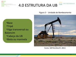 4.0 ESTRUTURA DA UB
                        Figura 3 - Unidade de Bombeamento



 •Base
 •Tripé
 •Viga transversal ou
Balancim
 •Cabeça da UB
 •Biela ou manivela


                             Fonte: METALVALLEY, 2013


                                                        12
 