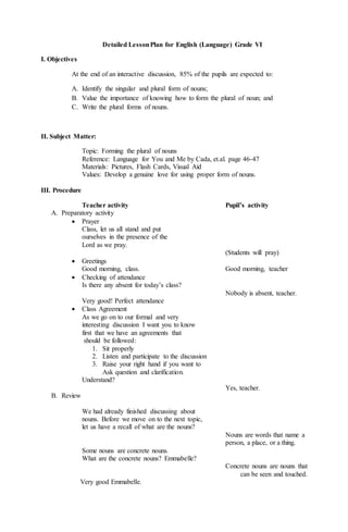 Detailed LessonPlan for English (Language) Grade VI
I. Objectives
At the end of an interactive discussion, 85% of the pupils are expected to:
A. Identify the singular and plural form of nouns;
B. Value the importance of knowing how to form the plural of noun; and
C. Write the plural forms of nouns.
II. Subject Matter:
Topic: Forming the plural of nouns
Reference: Language for You and Me by Cada, et.al. page 46-47
Materials: Pictures, Flash Cards, Visual Aid
Values: Develop a genuine love for using proper form of nouns.
III. Procedure
Teacher activity Pupil’s activity
A. Preparatory activity
 Prayer
Class, let us all stand and put
ourselves in the presence of the
Lord as we pray.
(Students will pray)
 Greetings
Good morning, class. Good morning, teacher
 Checking of attendance
Is there any absent for today’s class?
Nobody is absent, teacher.
Very good! Perfect attendance
 Class Agreement
As we go on to our formal and very
interesting discussion I want you to know
first that we have an agreements that
should be followed:
1. Sit properly
2. Listen and participate to the discussion
3. Raise your right hand if you want to
Ask question and clarification.
Understand?
Yes, teacher.
B. Review
We had already finished discussing about
nouns. Before we move on to the next topic,
let us have a recall of what are the nouns?
Nouns are words that name a
person, a place, or a thing.
Some nouns are concrete nouns.
What are the concrete nouns? Emmabelle?
Concrete nouns are nouns that
can be seen and touched.
Very good Emmabelle.
 