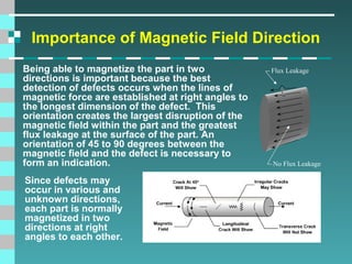 Importance of Magnetic Field Direction
Being able to magnetize the part in two
directions is important because the best
detection of defects occurs when the lines of
magnetic force are established at right angles to
the longest dimension of the defect. This
orientation creates the largest disruption of the
magnetic field within the part and the greatest
flux leakage at the surface of the part. An
orientation of 45 to 90 degrees between the
magnetic field and the defect is necessary to
form an indication.
Since defects may
occur in various and
unknown directions,
each part is normally
magnetized in two
directions at right
angles to each other.

Flux Leakage

No Flux Leakage

 