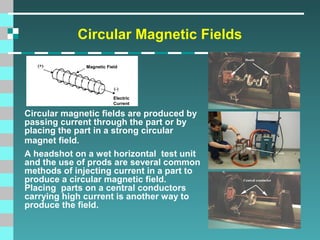 Circular Magnetic Fields
Magnetic Field

Electric
Current

Circular magnetic fields are produced by
passing current through the part or by
placing the part in a strong circular
magnet field.
A headshot on a wet horizontal test unit
and the use of prods are several common
methods of injecting current in a part to
produce a circular magnetic field.
Placing parts on a central conductors
carrying high current is another way to
produce the field.

 
