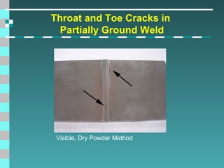 Throat and Toe Cracks in
Partially Ground Weld

Visible, Dry Powder Method

 