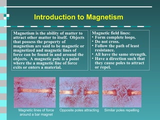 Introduction to Magnetism
Magnetism is the ability of matter to
attract other matter to itself. Objects
that possess the property of
magnetism are said to be magnetic or
magnetized and magnetic lines of
force can be found in and around the
objects. A magnetic pole is a point
where the a magnetic line of force
exits or enters a material.

Magnetic lines of force
around a bar magnet

Magnetic field lines:
• Form complete loops.
• Do not cross.
• Follow the path of least
resistance.
• All have the same strength.
• Have a direction such that
they cause poles to attract
or repel.

Opposite poles attracting

Similar poles repelling

 