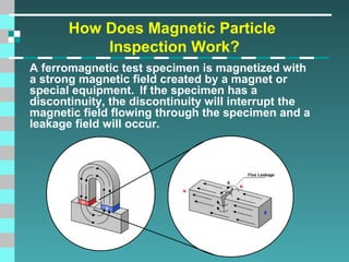 How Does Magnetic Particle
Inspection Work?
A ferromagnetic test specimen is magnetized with
a strong magnetic field created by a magnet or
special equipment. If the specimen has a
discontinuity, the discontinuity will interrupt the
magnetic field flowing through the specimen and a
leakage field will occur.

 