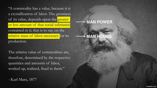MAN POWER
MAN HOURS
“A commodity has a value, because it is
a crystallization of labor. The greatness
of its value, depend...