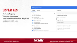 Display Ads
Audience Targeting
Eliminates the ad waste
Keep focused on those more likely to buy
No discount traffic here
 
