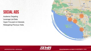 Social ads
Audience Targeting
Leverage List Data
Hyper Focused on Interests
Retargeting Previous Visits
 