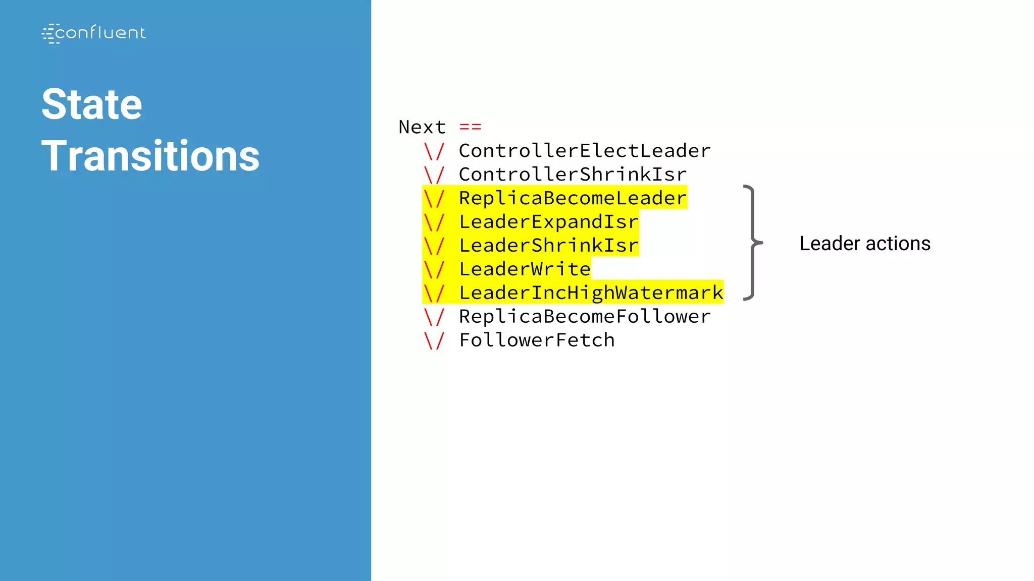 Next ==
/ ControllerElectLeader
/ ControllerShrinkIsr
/ ReplicaBecomeLeader
/ LeaderExpandIsr
/ LeaderShrinkIsr
/ LeaderWrite
/ LeaderIncHighWatermark
/ ReplicaBecomeFollower
/ FollowerFetch
State
Transitions
Leader actions
 