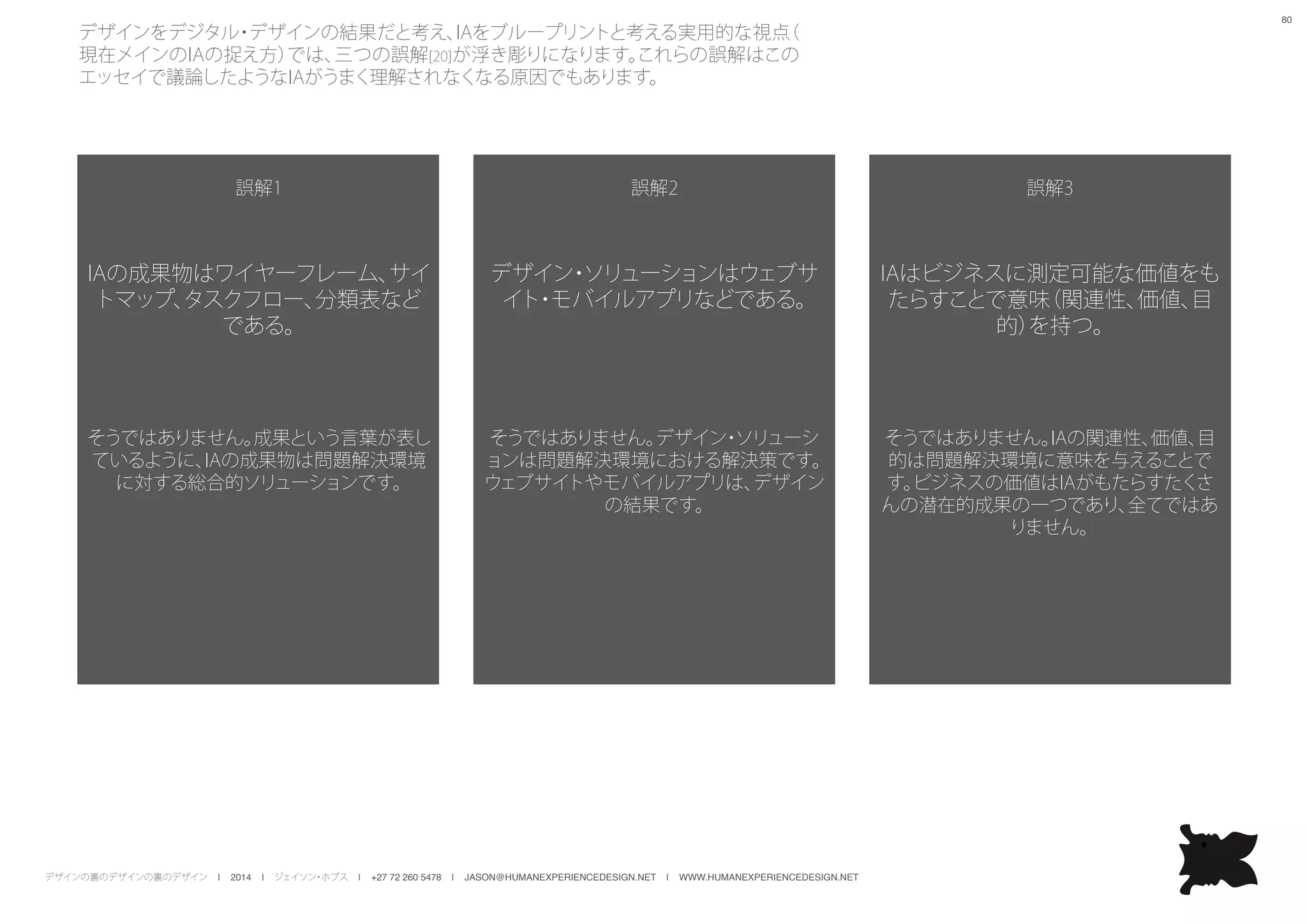 デザインの裏のデザインの裏のデザイン | 2014 | ジェイソン・ホブス | +27 72 260 5478 | JASON@HUMANEXPERIENCEDESIGN.NET | WWW.HUMANEXPERIENCEDESIGN.NET
80
デザインをデジタル・デザインの結果だと考え、IAをブループリントと考える実用的な視点（
現在メインのIAの捉え方）では、三つの誤解[20]が浮き彫りになります。これらの誤解はこの
エッセイで議論したようなIAがうまく理解されなくなる原因でもあります。
誤解1
IAの成果物はワイヤーフレーム、サイ
トマップ、タスクフロー、分類表など
である。
そうではありません。成果という言葉が表し
ているように、IAの成果物は問題解決環境
に対する総合的ソリューションです。
誤解2
デザイン・ソリューションはウェブサ
イト・モバイルアプリなどである。
そうではありません。デザイン・ソリューシ
ョンは問題解決環境における解決策です。
ウェブサイトやモバイルアプリは、デザイン
の結果です。
誤解3
IAはビジネスに測定可能な価値をも
たらすことで意味（関連性、価値、目
的）を持つ。
そうではありません。IAの関連性、価値、目
的は問題解決環境に意味を与えることで
す。ビジネスの価値はIAがもたらすたくさ
んの潜在的成果の一つであり、全てではあ
りません。
 