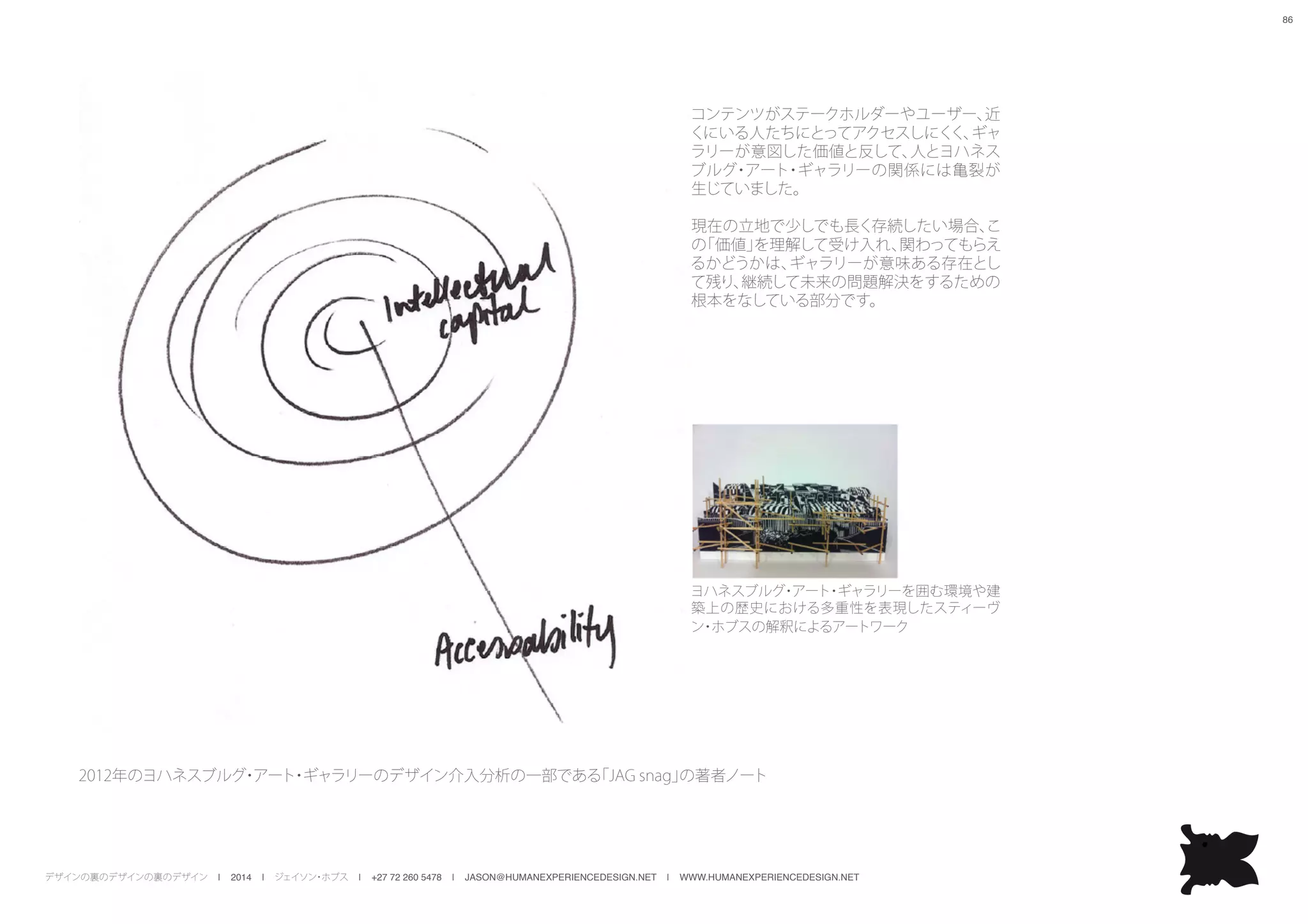 デザインの裏のデザインの裏のデザイン | 2014 | ジェイソン・ホブス | +27 72 260 5478 | JASON@HUMANEXPERIENCEDESIGN.NET | WWW.HUMANEXPERIENCEDESIGN.NET
86
2012年のヨハネスブルグ・アート・ギャラリーのデザイン介入分析の一部である「JAG snag」の著者ノート
コンテンツがステークホルダーやユーザー、近
くにいる人たちにとってアクセスしにくく、ギャ
ラリーが意図した価値と反して、人とヨハネス
ブルグ・アート・ギャラリーの関係には亀裂が
生じていました。
現在の立地で少しでも長く存続したい場合、こ
の「価値」を理解して受け入れ、関わってもらえ
るかどうかは、ギャラリーが意味ある存在とし
て残り、継続して未来の問題解決をするための
根本をなしている部分です。
ヨハネスブルグ・アート・ギャラリーを囲む環境や建
築上の歴史における多重性を表現したスティーヴ
ン・ホブスの解釈によるアートワーク
 