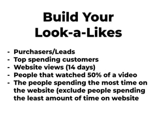 Build Your
Look-a-Likes
- Purchasers/Leads
- Top spending customers
- Website views (14 days)
- People that watched 50% of...
