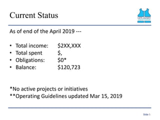 Current Status
Slide 5
As of end of the April 2019 ---
• Total income: $2XX,XXX
• Total spent $,
• Obligations: $0*
• Bala...
