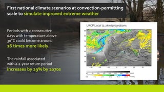 Periods with 2 consecutive
days with temperature above
30°C could become around
16 times more likely
The rainfall associated
with a 2-year return period
increases by 29% by 2070s
First national climate scenarios at convection-permitting
scale to simulate improved extreme weather
UKCP Local (2.2km) projections
 