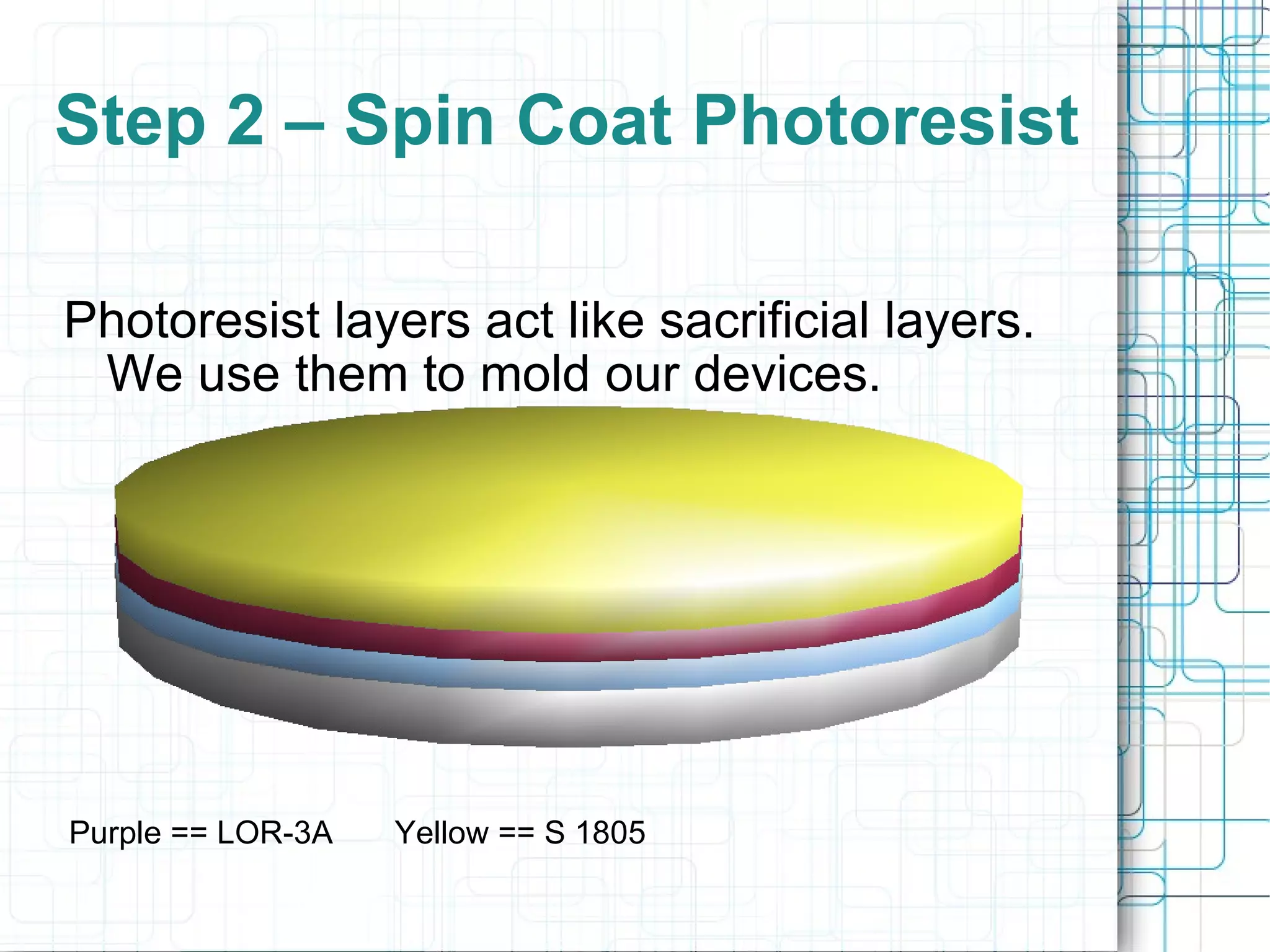 Step 2 – Spin Coat Photoresist Photoresist layers act like sacrificial layers.  We use them to mold our devices. Purple == LOR-3A  Yellow == S 1805 