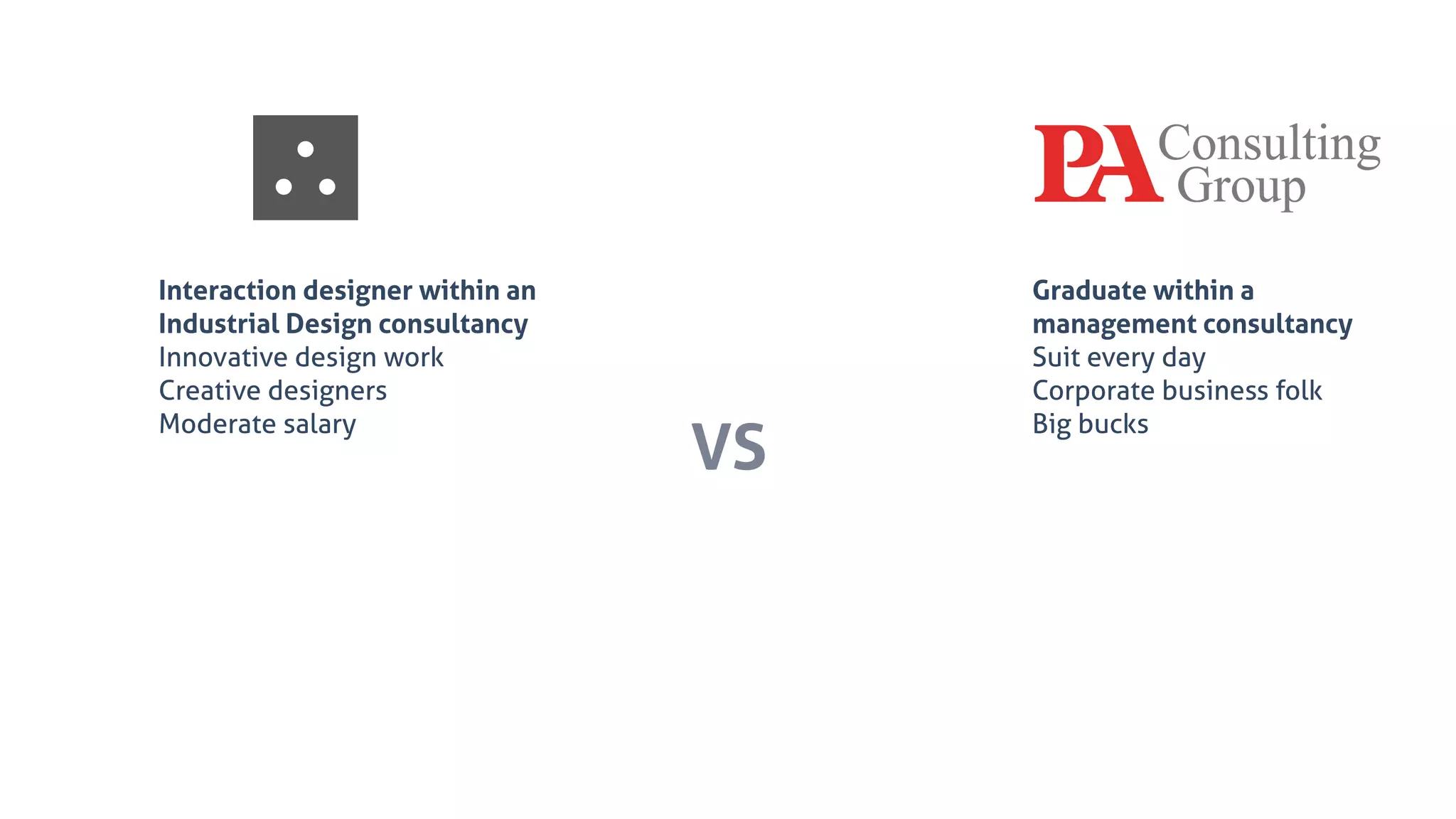 Interaction designer within an
Industrial Design consultancy
Innovative design work
Creative designers
Moderate salary
Graduate within a
management consultancy
Suit every day
Corporate business folk
Big bucks
VS
 