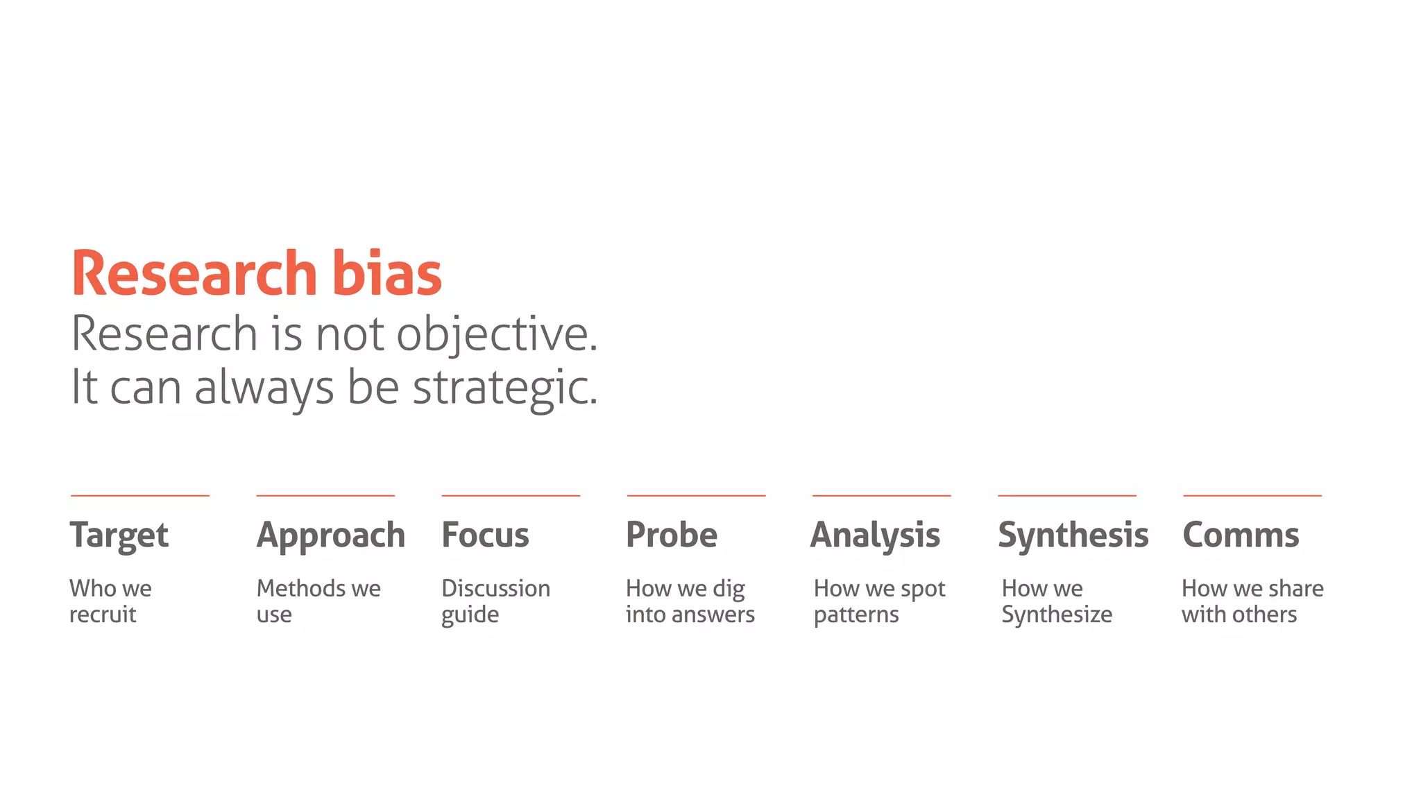 Research bias
Research is not objective.
It can always be strategic.
Who we
recruit
Methods we
use
Discussion
guide
How we dig
into answers
How we spot
patterns
How we
Synthesize
How we share
with others
Target Approach Focus Probe Analysis Synthesis Comms
 