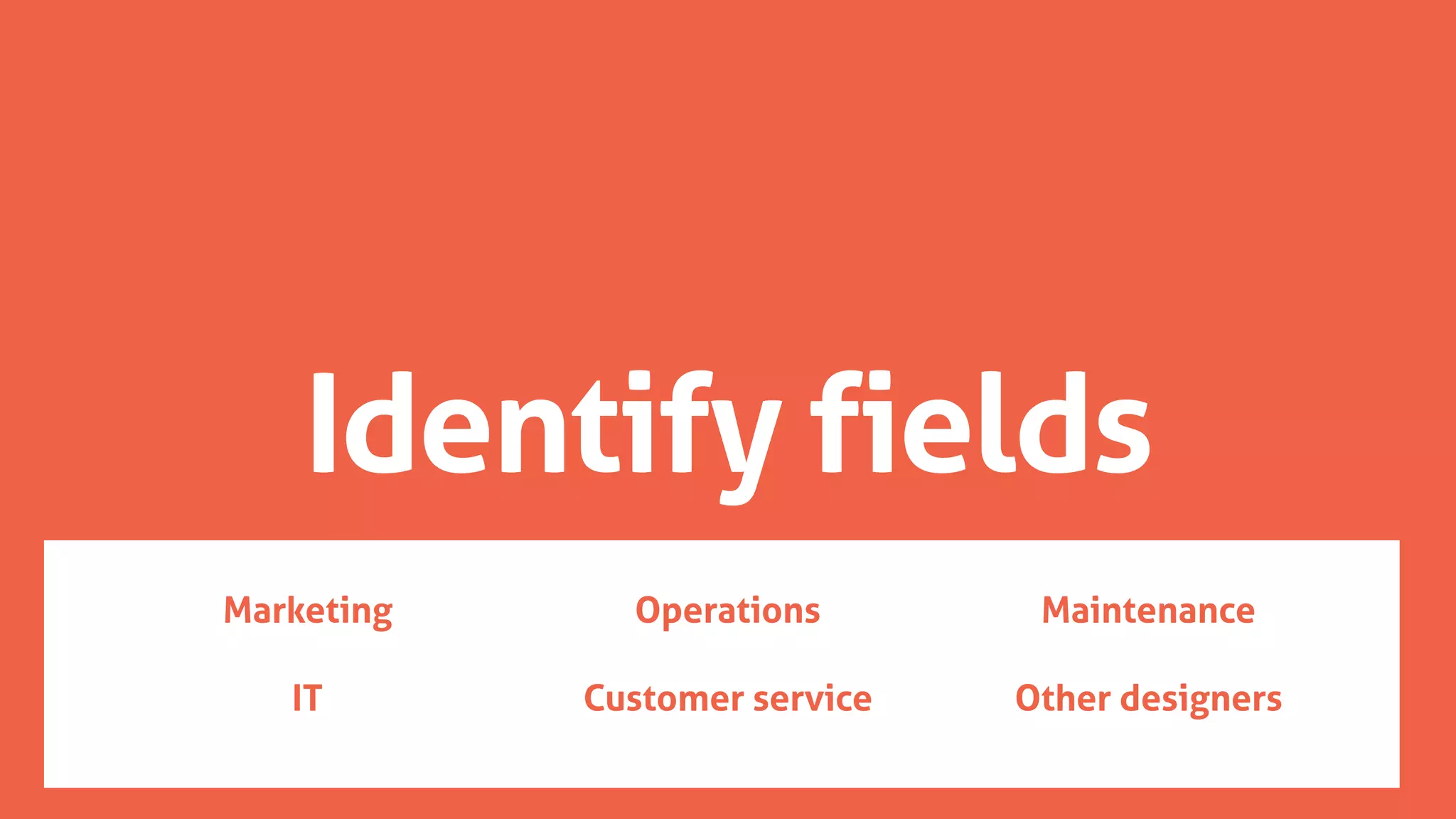 Identify fields
Marketing
IT
Operations
Customer service
Maintenance
Other designers
 