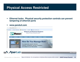 © 2008 Sipera Systems, Inc. All Rights Reserved.
Physical Access Restricted
Ethernet locks: Physical security protection controls can prevent
tampering of ethernet ports
www.panduit.com
SANS Pentest Summit 16Sipera Confidential - Do not reproduce or distribute without express written consent
 