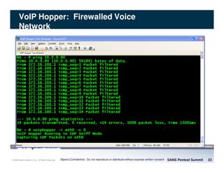 © 2008 Sipera Systems, Inc. All Rights Reserved.
VoIP Hopper: Firewalled Voice
Network
SANS Pentest Summit 33Sipera Confidential - Do not reproduce or distribute without express written consent
 