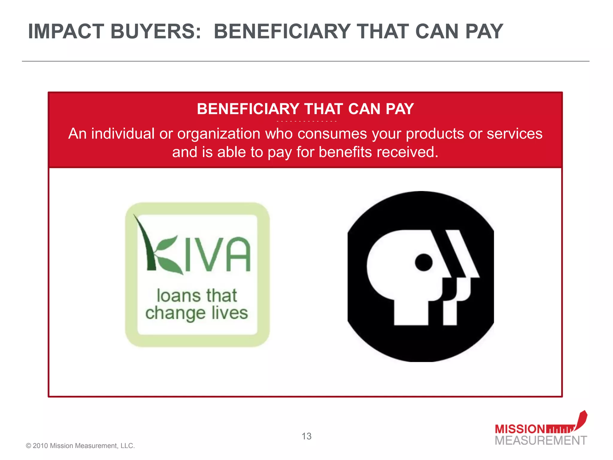 IMPACT BUYERS: BENEFICIARY THAT CAN PAY


                                   BENEFICIARY THAT CAN PAY
                                           - - - - - - - - - - - - - -


            An individual or organization who consumes your products or services
                            and is able to pay for benefits received.




                                                      13
© 2010 Mission Measurement, LLC.
 