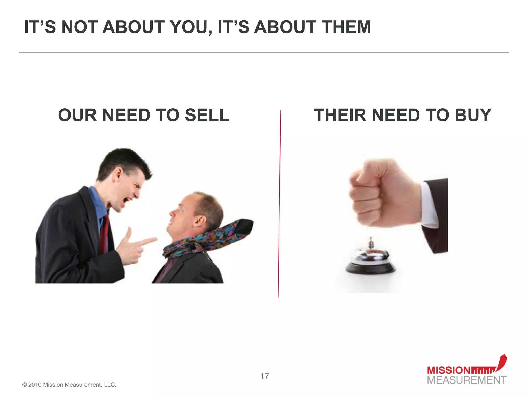 IT’S NOT ABOUT YOU, IT’S ABOUT THEM



            OUR NEED TO SELL            THEIR NEED TO BUY




                                   17
© 2010 Mission Measurement, LLC.
 