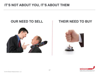 IT’S NOT ABOUT YOU, IT’S ABOUT THEM



            OUR NEED TO SELL            THEIR NEED TO BUY




                                   17
© 2010 Mission Measurement, LLC.
 