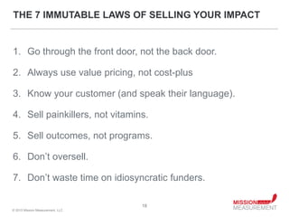 THE 7 IMMUTABLE LAWS OF SELLING YOUR IMPACT


1. Go through the front door, not the back door.

2. Always use value pricing, not cost-plus

3. Know your customer (and speak their language).

4. Sell painkillers, not vitamins.

5. Sell outcomes, not programs.

6. Don’t oversell.

7. Don’t waste time on idiosyncratic funders.

                                   18
© 2010 Mission Measurement, LLC.
 