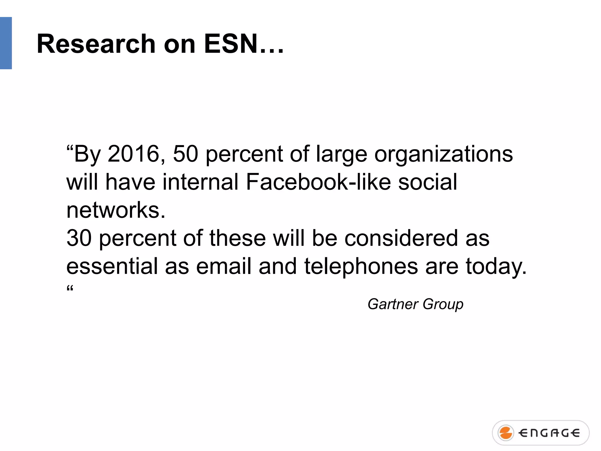 Research on ESN…

“By 2016, 50 percent of large organizations
will have internal Facebook-like social
networks.
30 percent of these will be considered as
essential as email and telephones are today.
“
Gartner Group

 