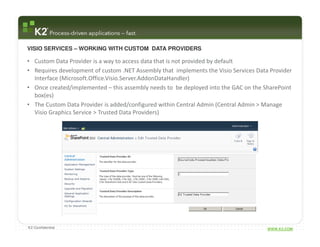 VISIO SERVICES – WORKING WITH CUSTOM DATA PROVIDERS

• Custom Data Provider is a way to access data that is not provided by default
• Requires development of custom .NET Assembly that implements the Visio Services Data Provider
  Interface (Microsoft.Office.Visio.Server.AddonDataHandler)
• Once created/implemented – this assembly needs to be deployed into the GAC on the SharePoint
  box(es)
• The Custom Data Provider is added/configured within Central Admin (Central Admin > Manage
  Visio Graphics Service > Trusted Data Providers)




K2 Confidential                                                                       WWW.K2.COM
 