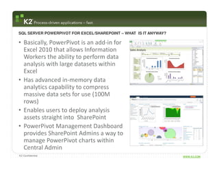 SQL SERVER POWERPIVOT FOR EXCEL/SHAREPOINT – WHAT IS IT ANYWAY?

• Basically, PowerPivot is an add-in for
  Excel 2010 that allows Information
  Workers the ability to perform data
  analysis with large datasets within
  Excel
• Has advanced in-memory data
  analytics capability to compress
  massive data sets for use (100M
  rows)
• Enables users to deploy analysis
  assets straight into SharePoint
• PowerPivot Management Dashboard
  provides SharePoint Admins a way to
  manage PowerPivot charts within
  Central Admin
K2 Confidential                                                   WWW.K2.COM
 