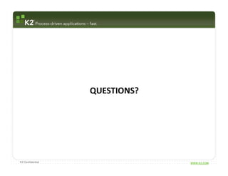 QUESTIONS?




K2 Confidential                WWW.K2.COM
 