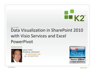 May 18, 2012

     Data Visualization in SharePoint 2010
     with Visio Services and Excel
     PowerPivot
     PRESENTED BY:

                     JASON TRENT
                     TECHNICAL SPECIALIST
                        E: JASONT@K2.COM
                         : SOONERTRENT




K2 Confidential                             WWW.K2.COM
 