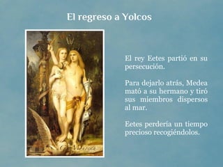 El regreso a Yolcos



            El rey Eetes partió en su
            persecución.

            Para dejarlo atrás, Medea
            mató a su hermano y tiró
            sus miembros dispersos
            al mar.

            Eetes perdería un tiempo
            precioso recogiéndolos.
 