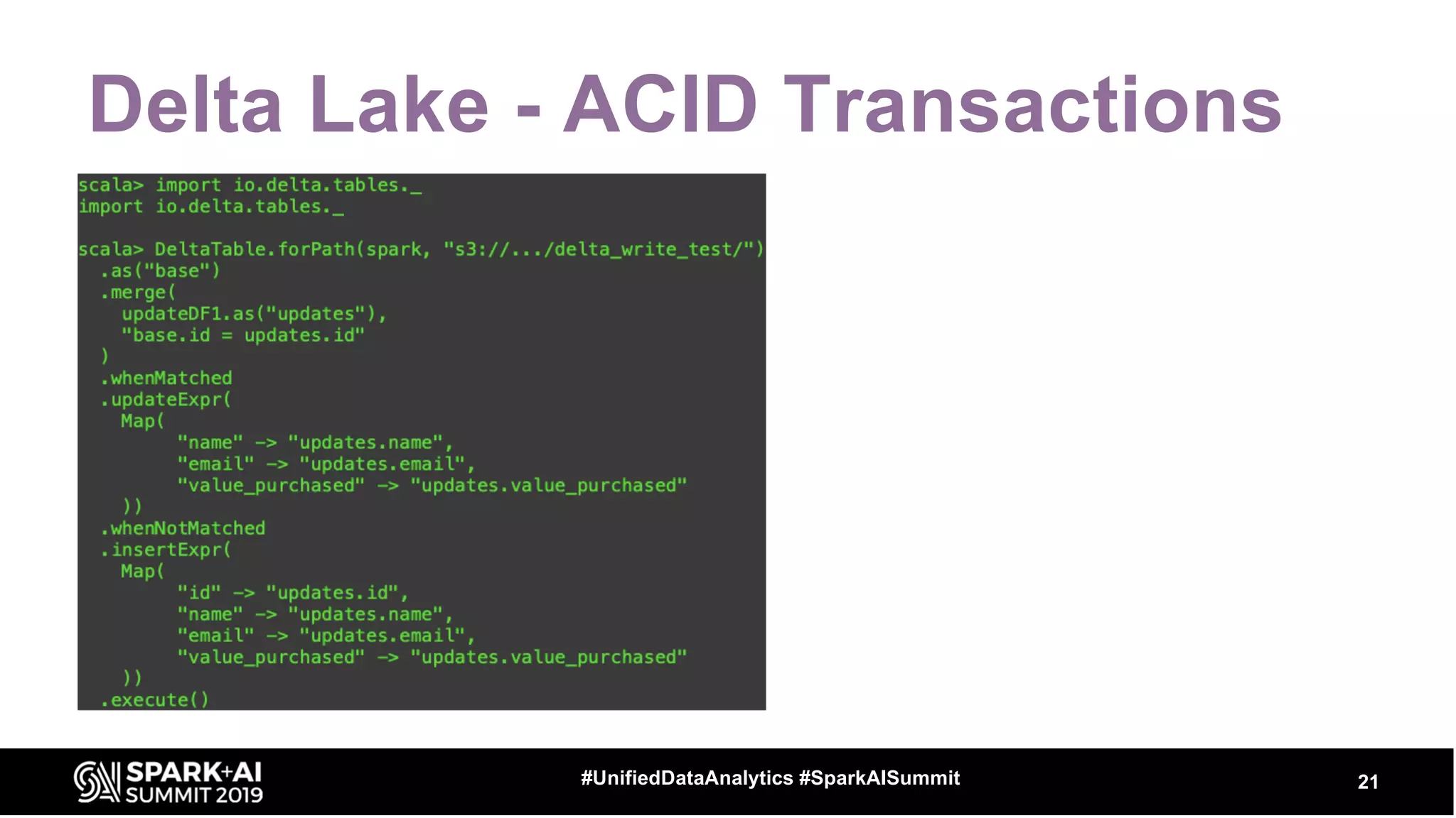 Delta Lake - ACID Transactions
21#UnifiedDataAnalytics #SparkAISummit
 