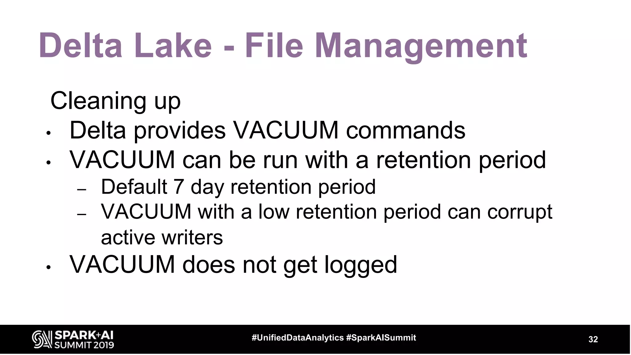 Delta Lake - File Management
Cleaning up
• Delta provides VACUUM commands
• VACUUM can be run with a retention period
– Default 7 day retention period
– VACUUM with a low retention period can corrupt
active writers
• VACUUM does not get logged
32#UnifiedDataAnalytics #SparkAISummit
 