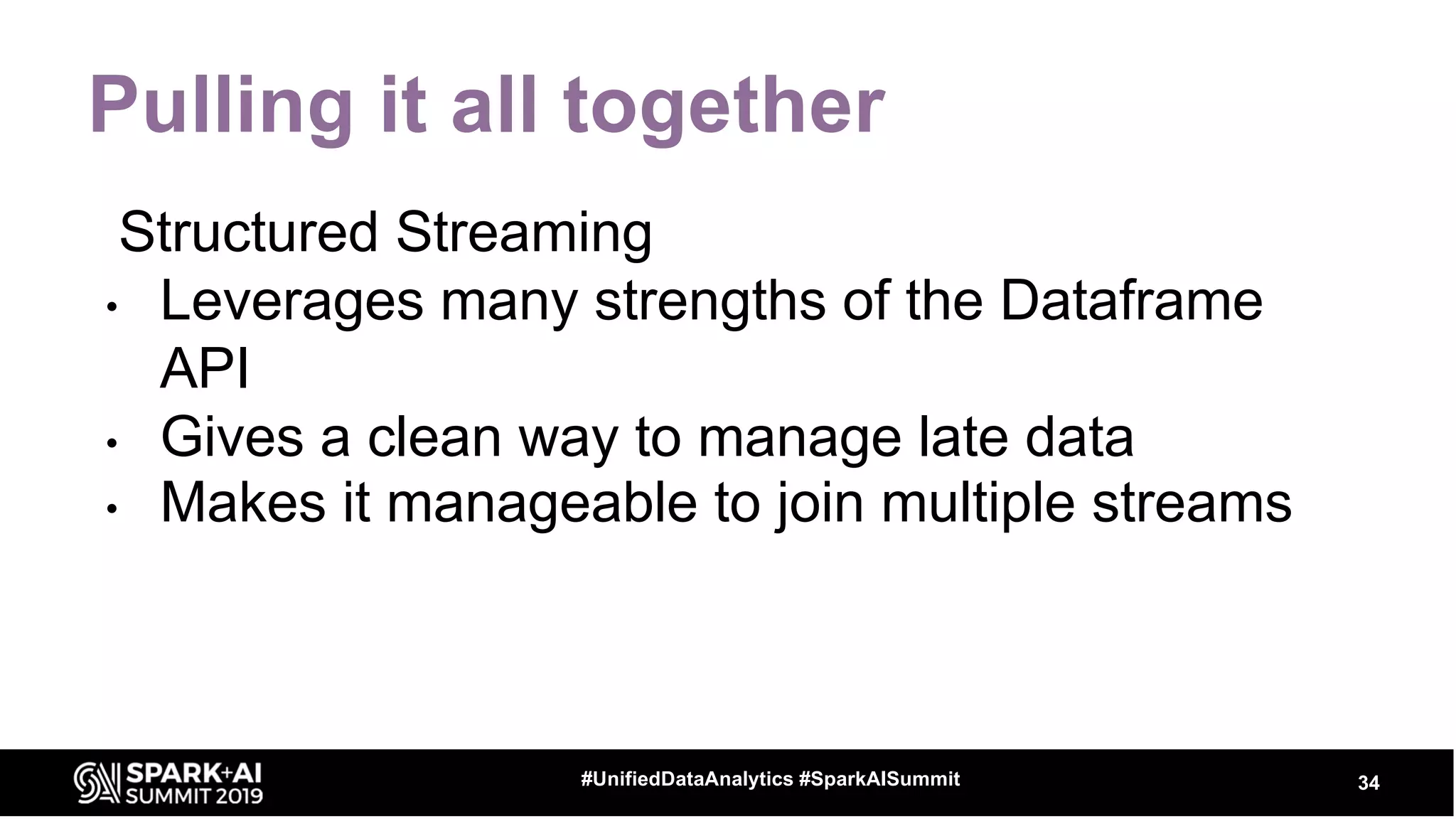 Pulling it all together
Structured Streaming
• Leverages many strengths of the Dataframe
API
• Gives a clean way to manage late data
• Makes it manageable to join multiple streams
34#UnifiedDataAnalytics #SparkAISummit
 