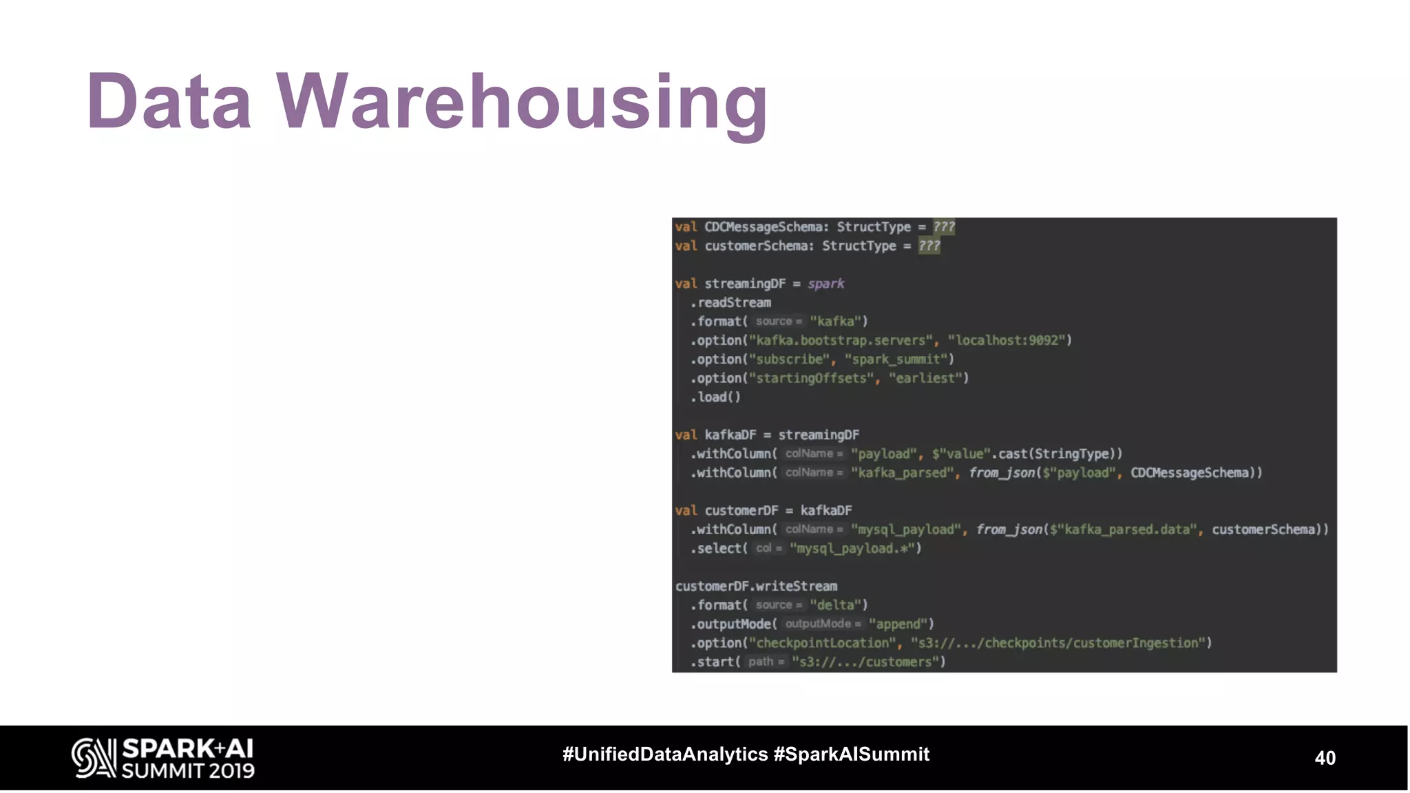 Data Warehousing
40#UnifiedDataAnalytics #SparkAISummit
 