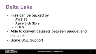 Delta Lake
• Files can be backed by
– AWS S3
– Azure Blob Store
– HDFS
• Able to convert datasets between parquet and
delt...