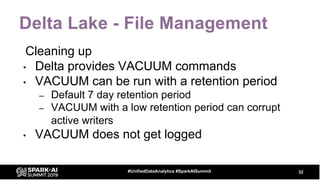 Delta Lake - File Management
Cleaning up
• Delta provides VACUUM commands
• VACUUM can be run with a retention period
– De...