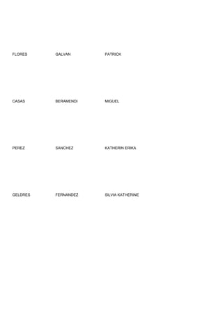 FLORES    GALVAN      PATRICK




CASAS     BERAMENDI   MIGUEL




PEREZ     SANCHEZ     KATHERIN ERIKA




GELDRES   FERNANDEZ   SILVIA KATHERINE
 