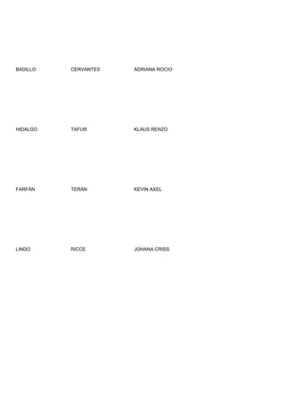 BADILLO   CERVANTES   ADRIANA ROCIO




HIDALGO   TAFUR       KLAUS RENZO




FARFÁN    TERÁN       KEVIN AXEL




LINDO     RICCE       JOHANA CRISS
 