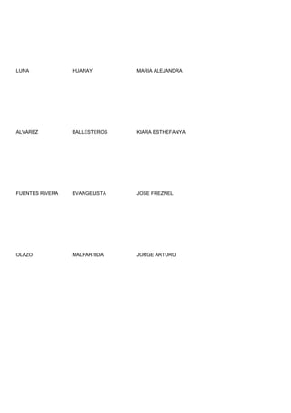 LUNA             HUANAY        MARIA ALEJANDRA




ALVAREZ          BALLESTEROS   KIARA ESTHEFANYA




FUENTES RIVERA   EVANGELISTA   JOSE FREZNEL




OLAZO            MALPARTIDA    JORGE ARTURO
 