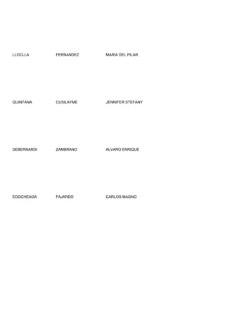 LLOCLLA      FERNANDEZ   MARIA DEL PILAR




QUINTANA     CUSILAYME   JENNIFER STEFANY




DEBERNARDI   ZAMBRANO    ALVARO ENRIQUE




EGOCHEAGA    FAJARDO     CARLOS MAGNO
 